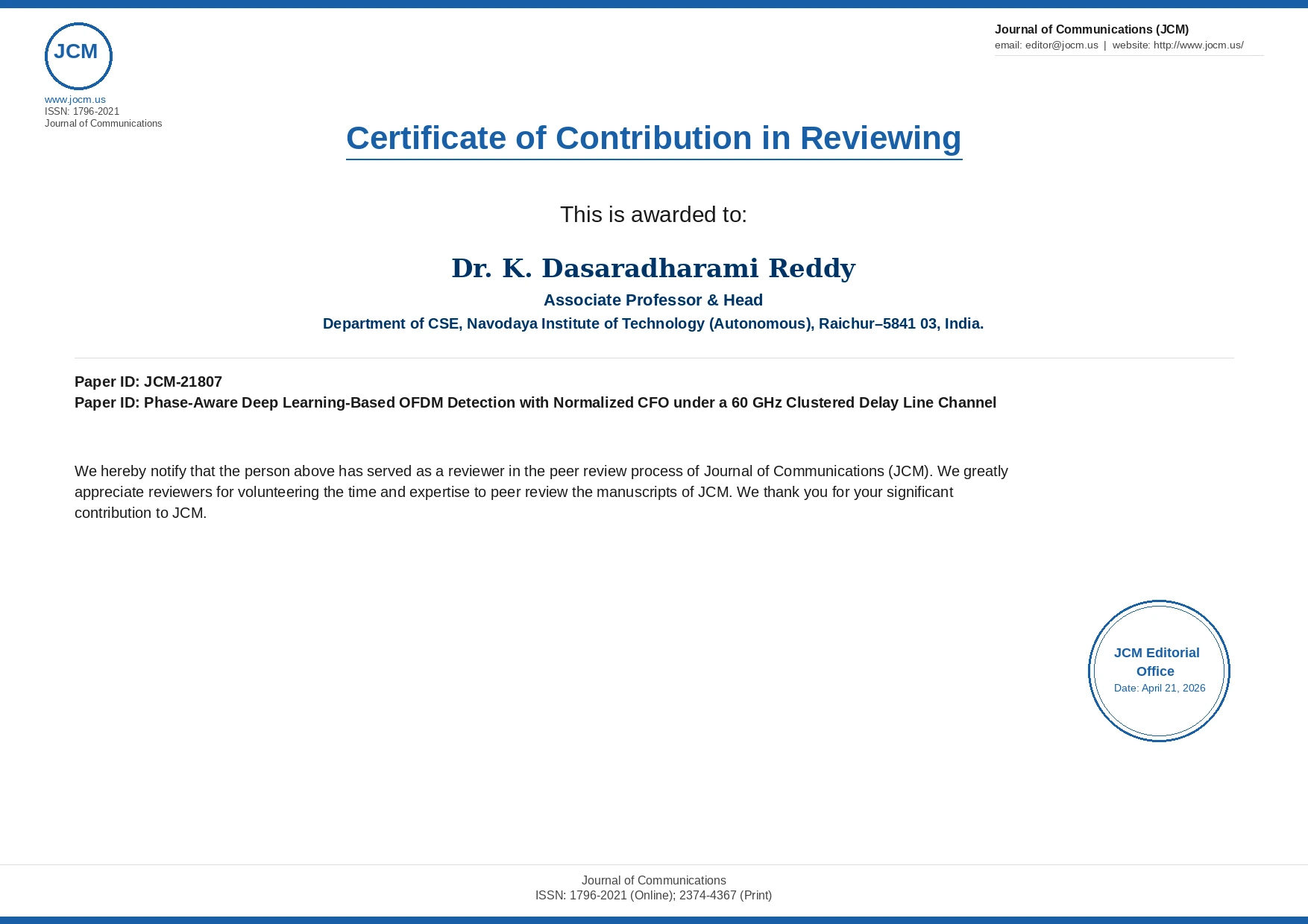 Academic Excellence: Dr. K. Dasaradharami Reddy Honored by Journal of Communications (JCM)