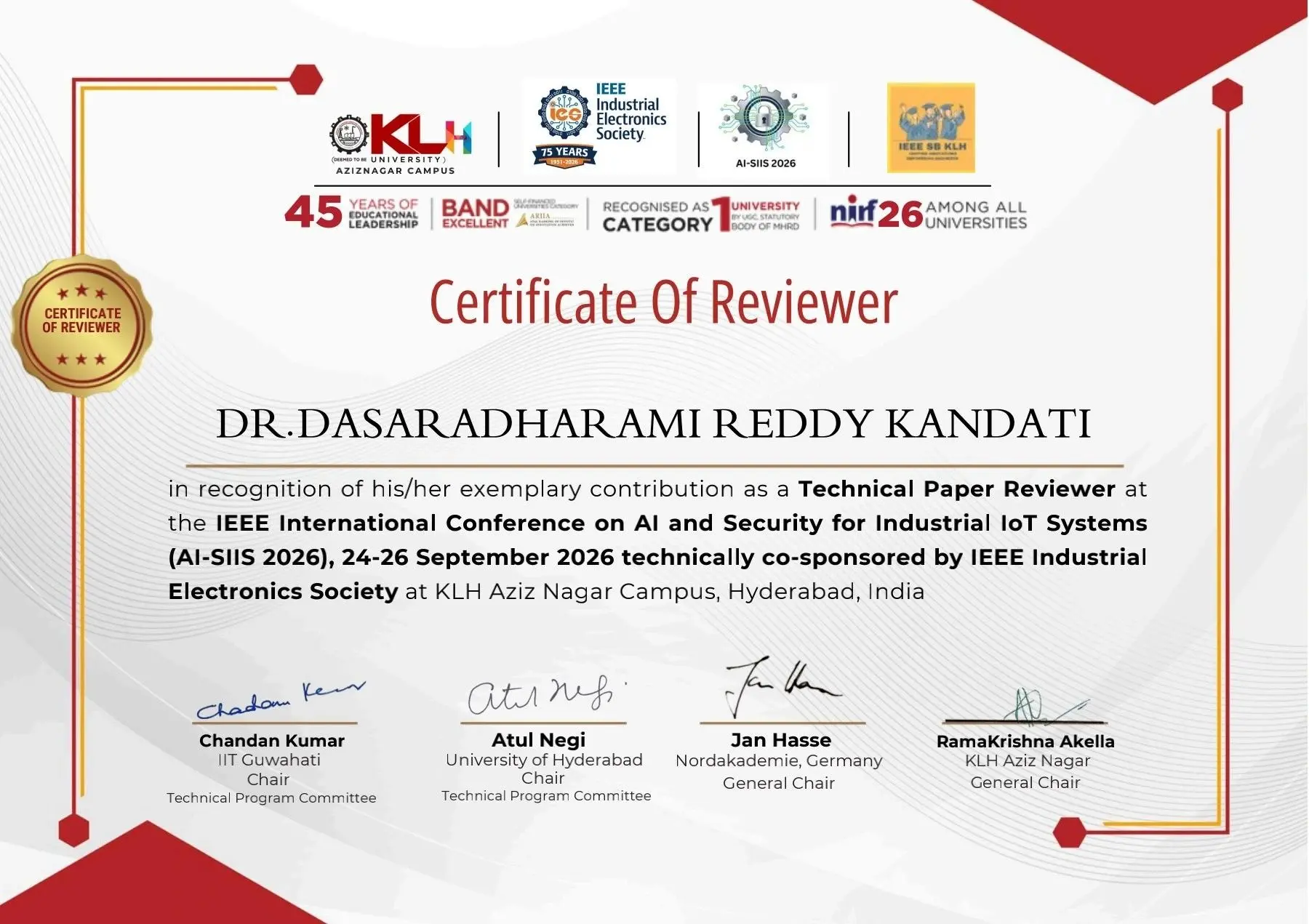 Dr. Dasaradharami Reddy Kandati Recognized as Technical Paper Reviewer at IEEE AI-SIIS 2026