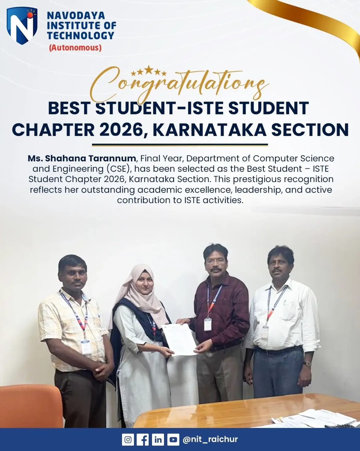 NIT Raichur Student Shahana Tarannum Receives Prestigious ISTE Best Student Award 2026
